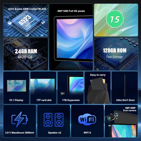 AEEZO Android 15 10.1 Inch Tablet Octa Core 24GB+128GB/1TB Expand WIFI6+BT5.0 HD IPS Screen with Stylus Keyboard Mouse Headphone