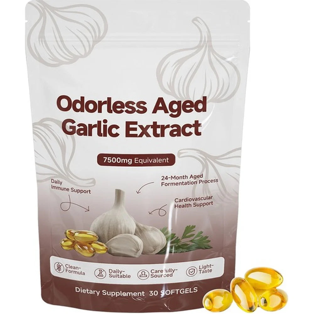 Odorless Aged Garlic Extract Softgels 7500mg Equivalent 24-Month Fermented For Immune Cardio Metabolic Support Adult 30 Count