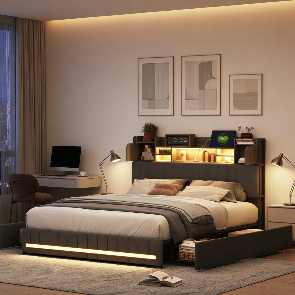 Double padded bed with 4 drawers, padded headboard, Storage compartment, with LED and USB Charge, linseed, Gray