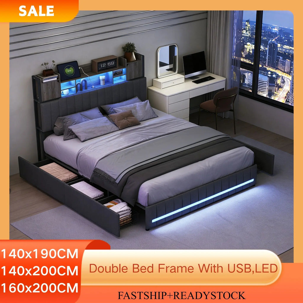 Double padded bed with 4 drawers, padded headboard, Storage compartment, with LED and USB Charge, linseed, Gray