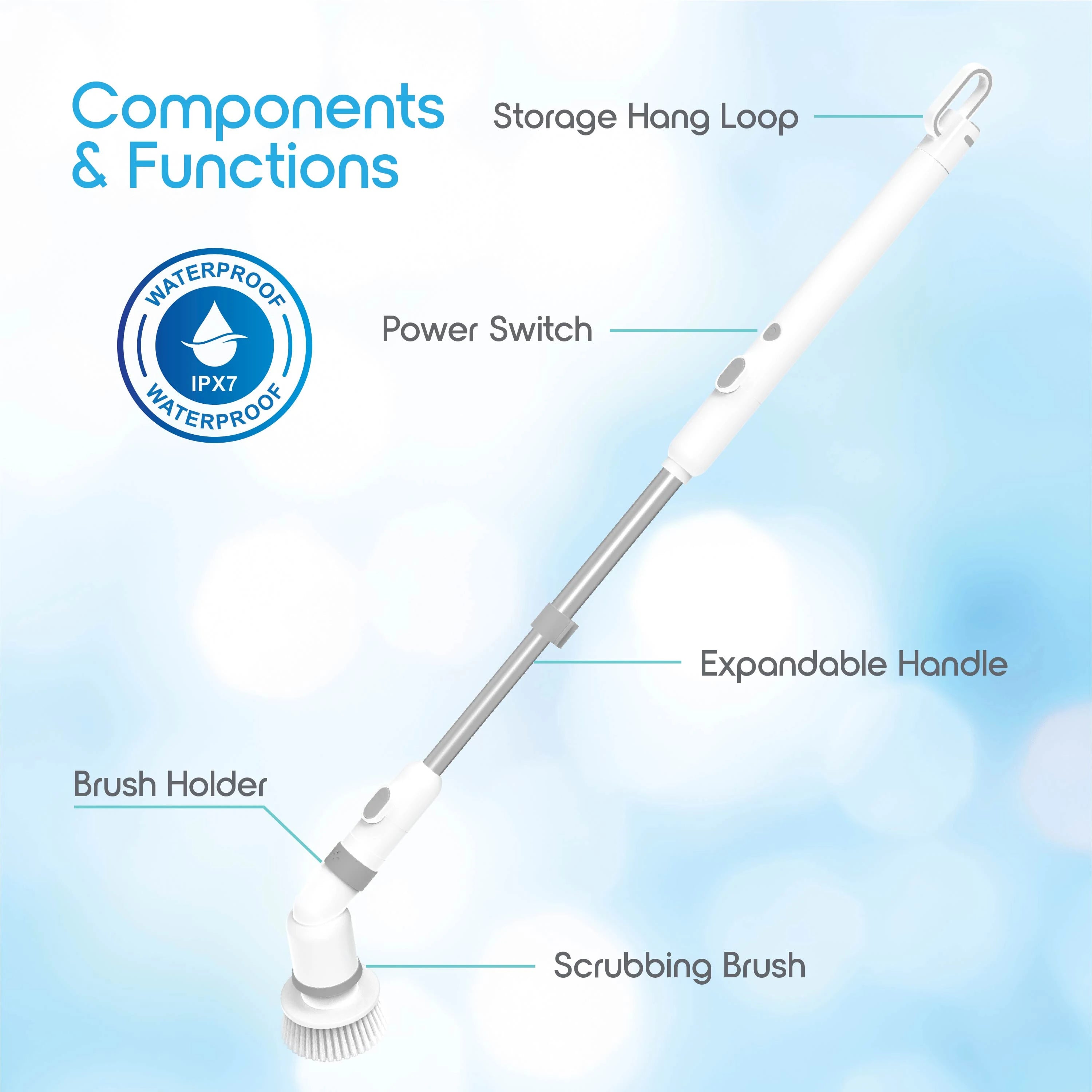 Blossom Electric Cleaning Brush 9-in-1 Cordless Electric Spin Scrubber 45in Expandable Handle IPX7 Waterproof Cleaning Brush