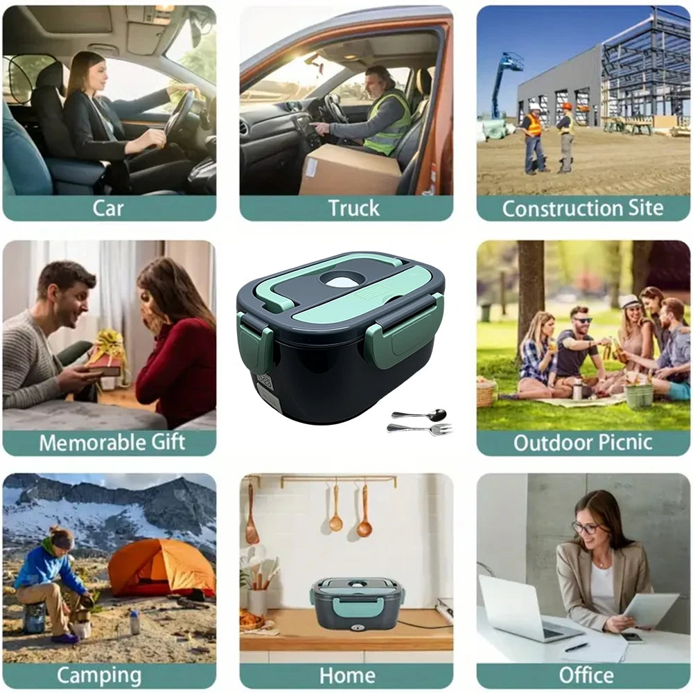 304 Stainless Steel Liner Portable Lunch Box 1.5 L Capacity Rechargeable Heating Food box with Fork Spoon for Driver Work