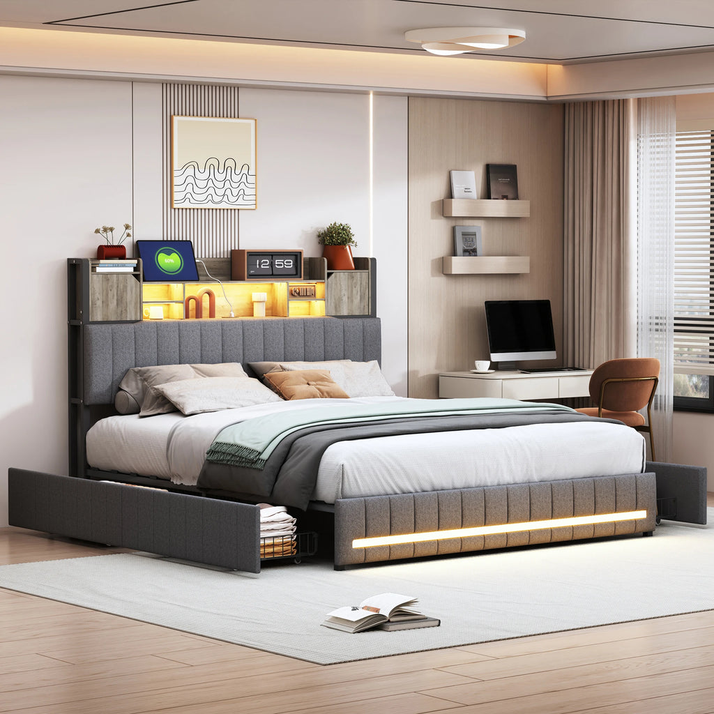 Double padded bed with 4 drawers, padded headboard, Storage compartment, with LED and USB Charge, linseed, Gray