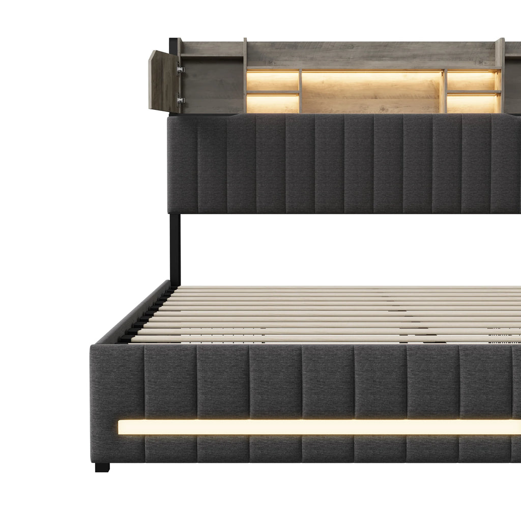 Double padded bed with 4 drawers, padded headboard, Storage compartment, with LED and USB Charge, linseed, Gray