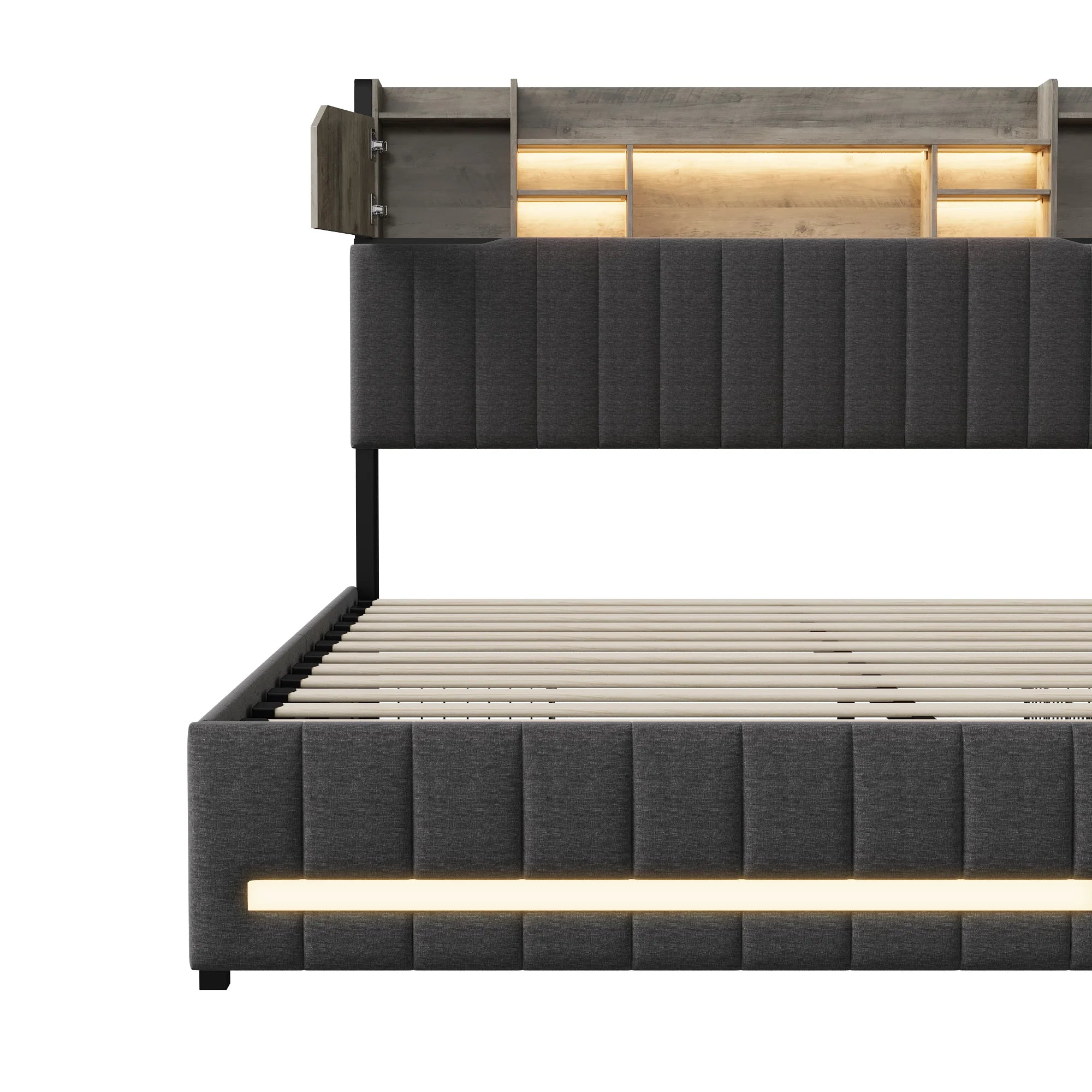 Double padded bed with 4 drawers, padded headboard, Storage compartment, with LED and USB Charge, linseed, Gray