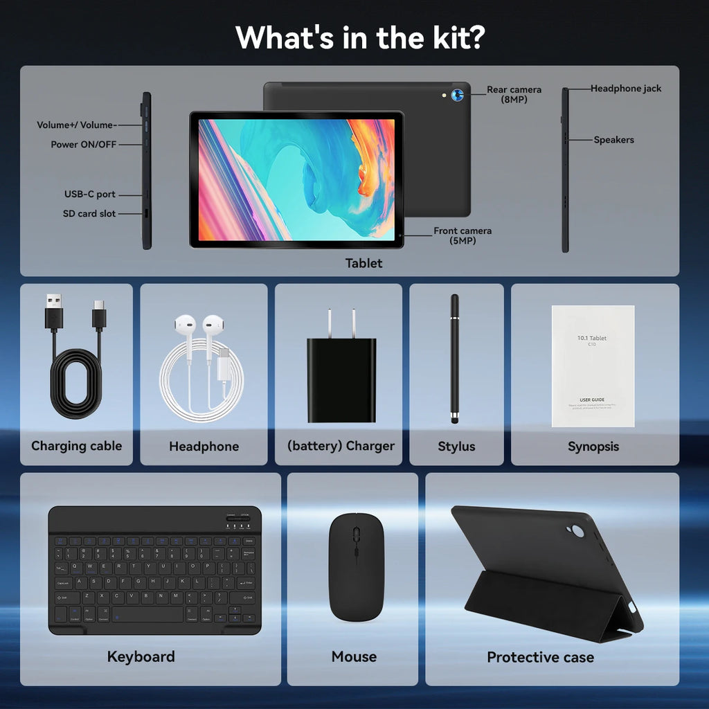 AEEZO Android 15 10.1 Inch Tablet Octa Core 24GB+128GB/1TB Expand WIFI6+BT5.0 HD IPS Screen with Stylus Keyboard Mouse Headphone