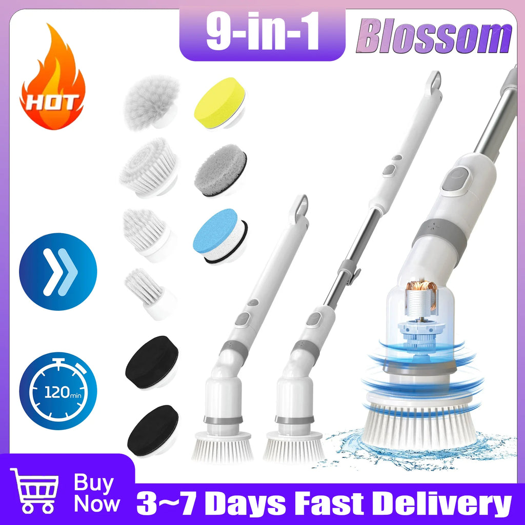 Blossom Electric Cleaning Brush 9-in-1 Cordless Electric Spin Scrubber 45in Expandable Handle IPX7 Waterproof Cleaning Brush