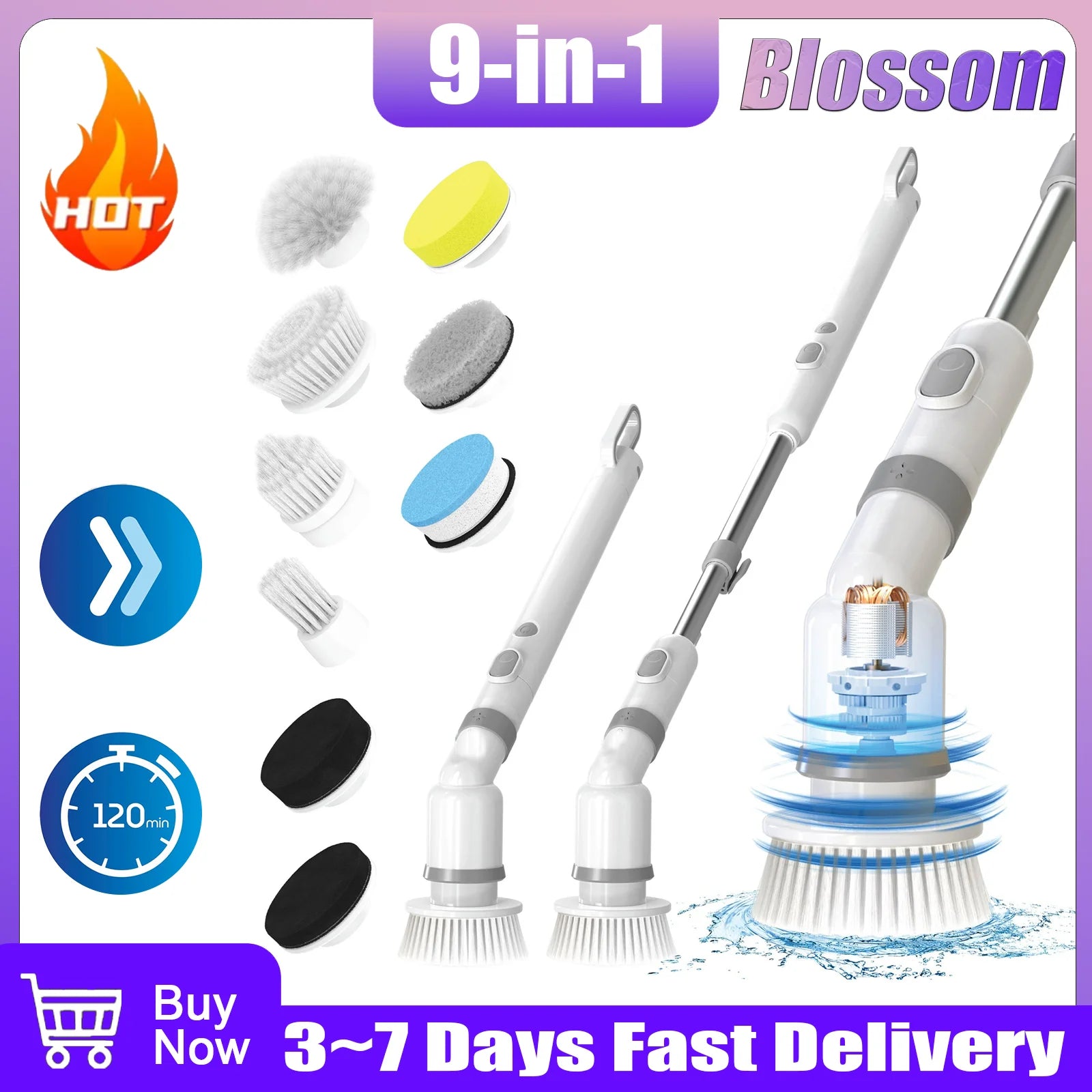 Blossom Electric Cleaning Brush 9-in-1 Cordless Electric Spin Scrubber 45in Expandable Handle IPX7 Waterproof Cleaning Brush