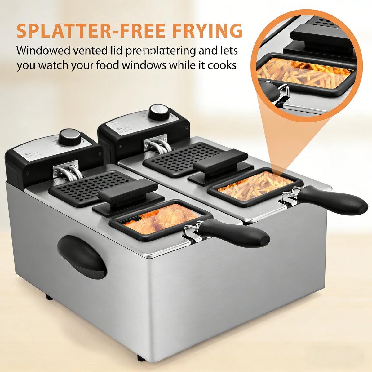 Suslas 1.5L-6L Electric Deep Fryer Stainless Steel Countertop Fryer with View Window, Adjustable Temp & Removable Basket