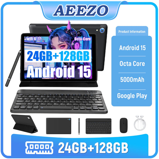 AEEZO Android 15 10.1 Inch Tablet Octa Core 24GB+128GB/1TB Expand WIFI6+BT5.0 HD IPS Screen with Stylus Keyboard Mouse Headphone
