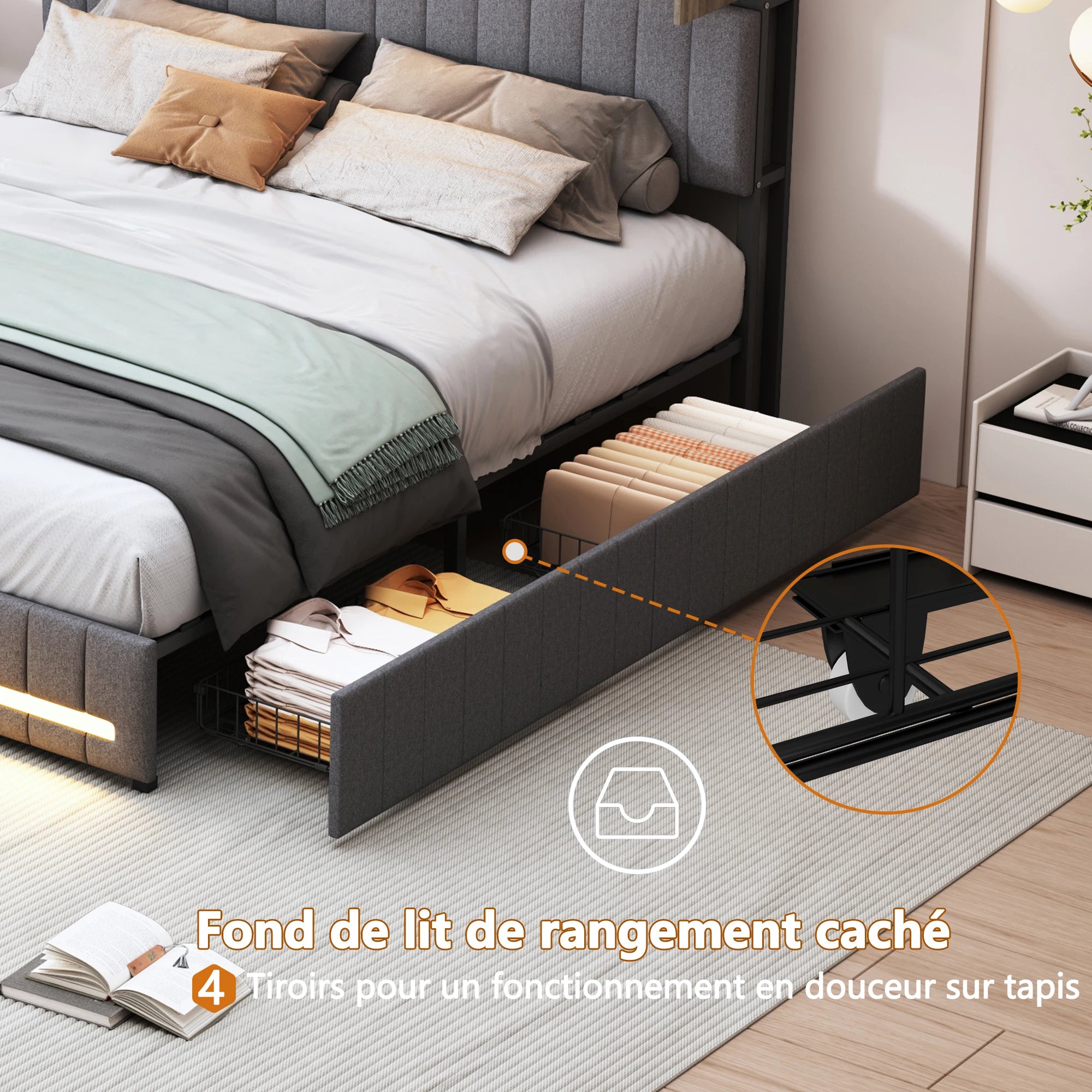 Double padded bed with 4 drawers, padded headboard, Storage compartment, with LED and USB Charge, linseed, Gray