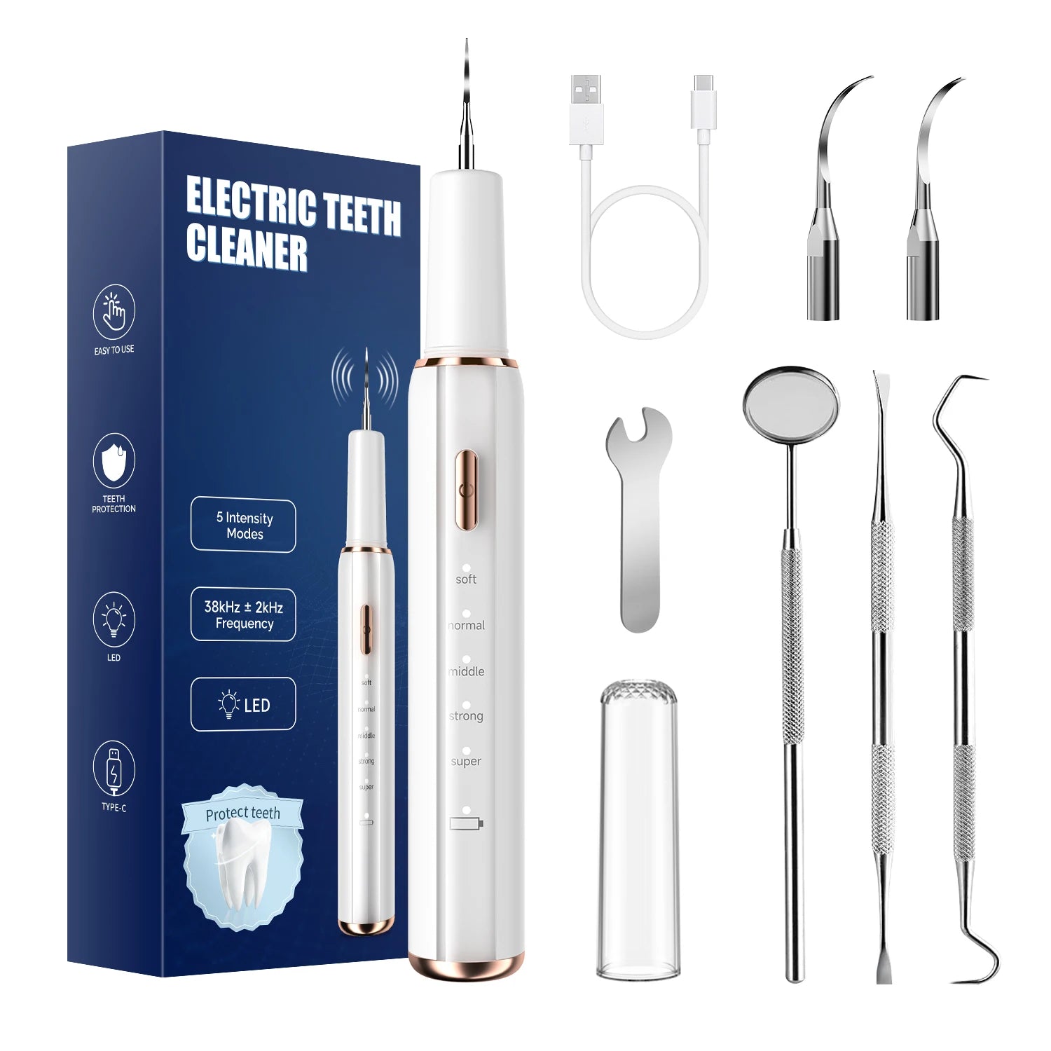 CURVY MOON Ultrasonic Tooth Whitening Dental Stain Calculus Tartar Plaque Remover Cleaning Kit Oral Care Teeth Cleaner