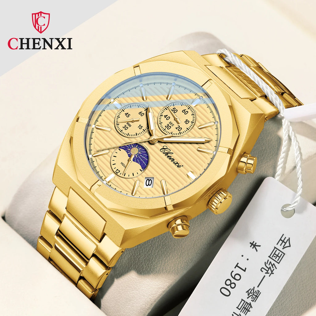 2023 New CHENXI 962 Morninglight Multifunctional Men's Watches Moon Phase Date Timing Waterproof Steel Band Quartz Watch Mens