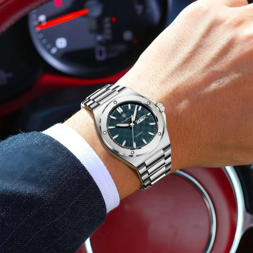 Poedagar 696 Hot Sale Men Stainless Steel Band Quartz Movement Watch Waterproof Fashion Business Luminous Calendar Wristwatch