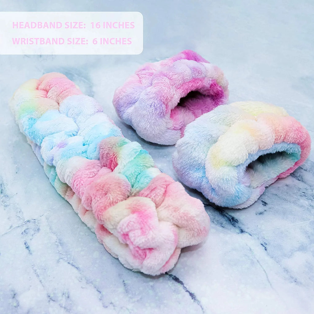 Tie Dye Spa Headband for Washing Face and Matching Wristbands, Girls Fuzzy Skincare Headbands, Kids Soft Facial Makeup Head C06