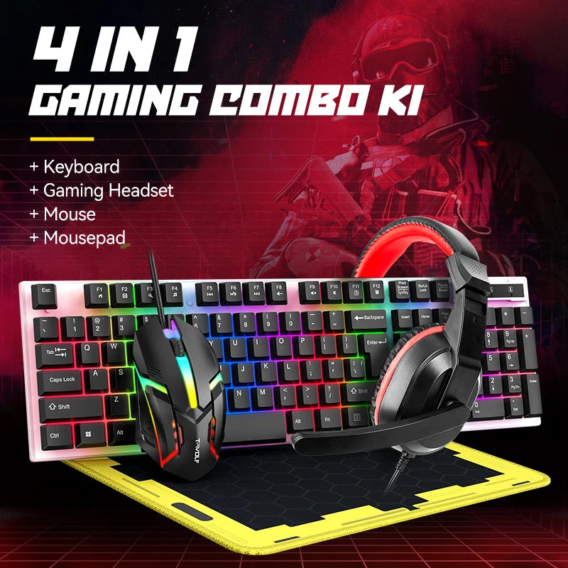 T-WOLF 4IN1 TF240 Rgb Backlight Keyboard Arabic Backlit Wired Gaming Mouse Combo Gamer Earphone Mouse Pad for Pc Gaming Office