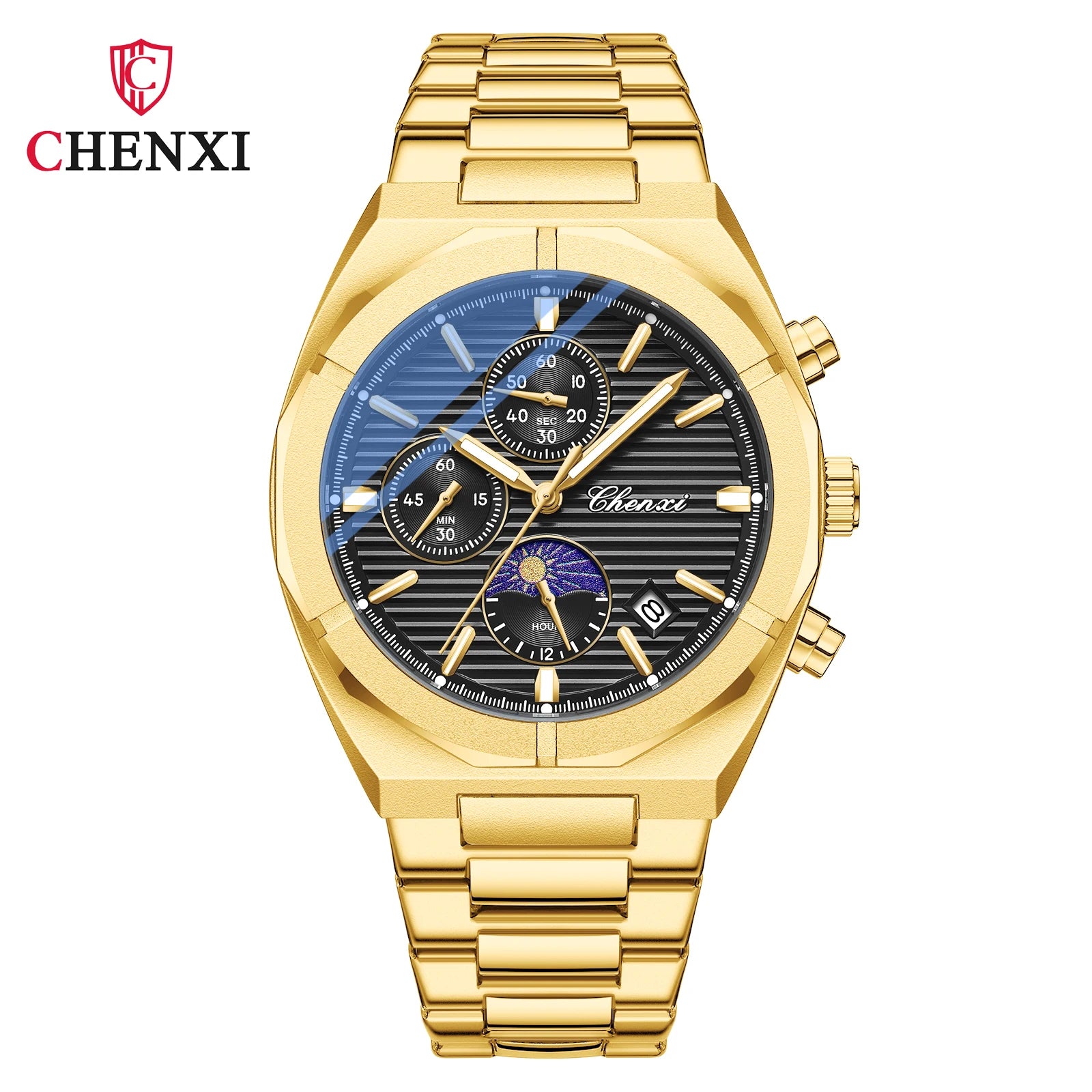 2023 New CHENXI 962 Morninglight Multifunctional Men's Watches Moon Phase Date Timing Waterproof Steel Band Quartz Watch Mens