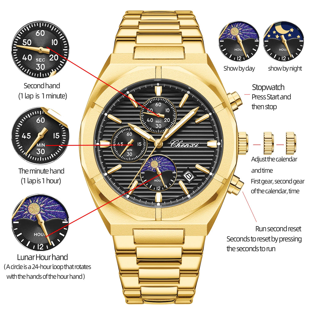 2023 New CHENXI 962 Morninglight Multifunctional Men's Watches Moon Phase Date Timing Waterproof Steel Band Quartz Watch Mens