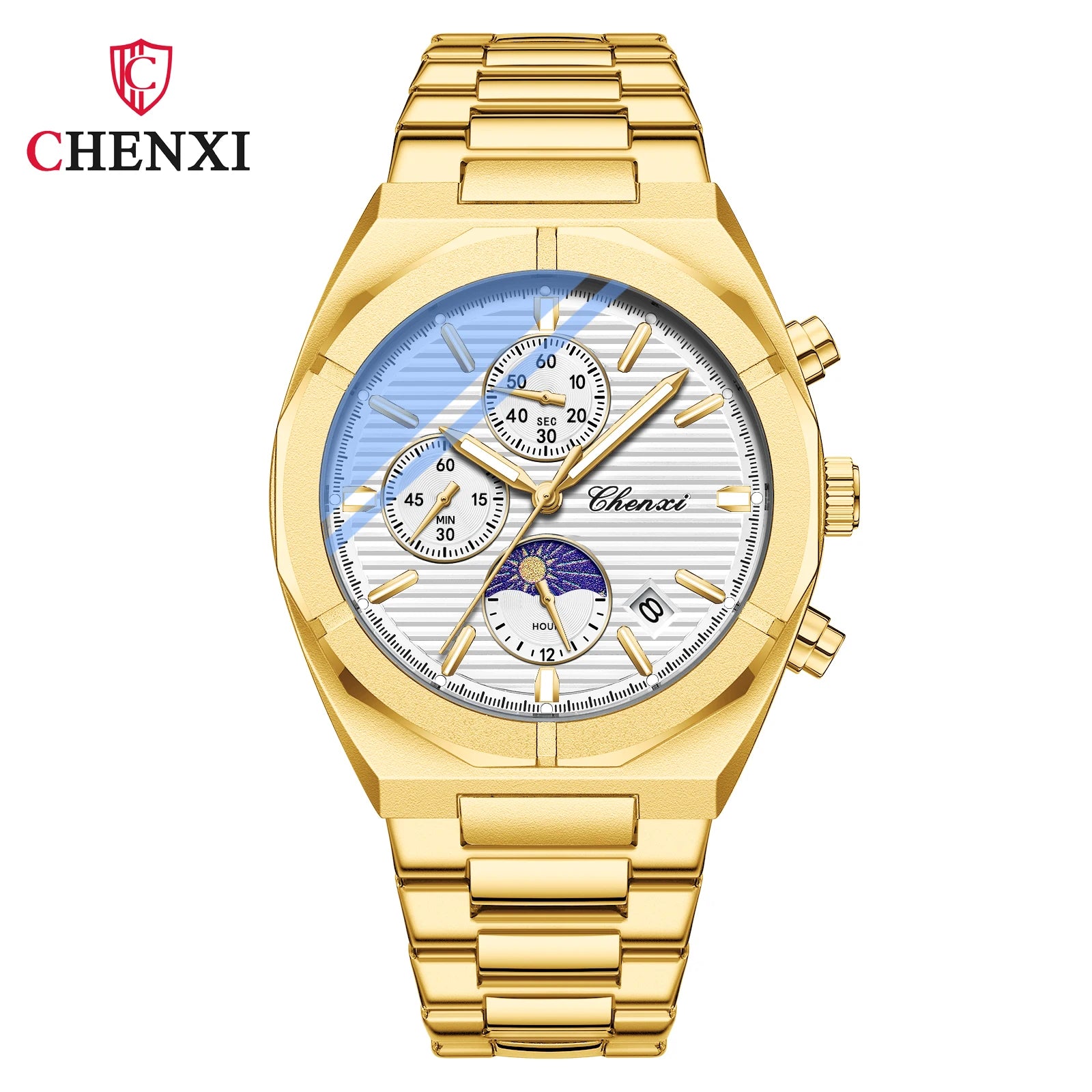 2023 New CHENXI 962 Morninglight Multifunctional Men's Watches Moon Phase Date Timing Waterproof Steel Band Quartz Watch Mens