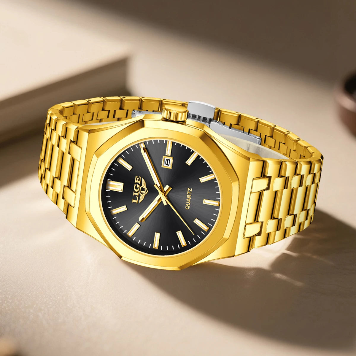 LIGE LG89181 Watch Factory Wholesale Gold Luxury Stainless Steel Sport Luminous Calendar Wrist Watch for Men Gift Box Relogio