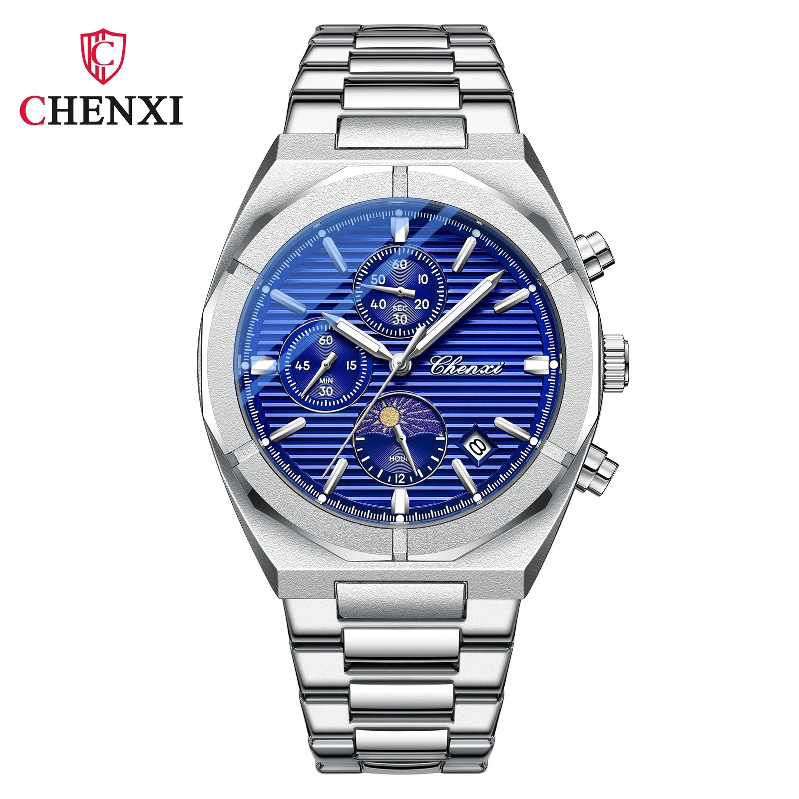 2023 New CHENXI 962 Morninglight Multifunctional Men's Watches Moon Phase Date Timing Waterproof Steel Band Quartz Watch Mens