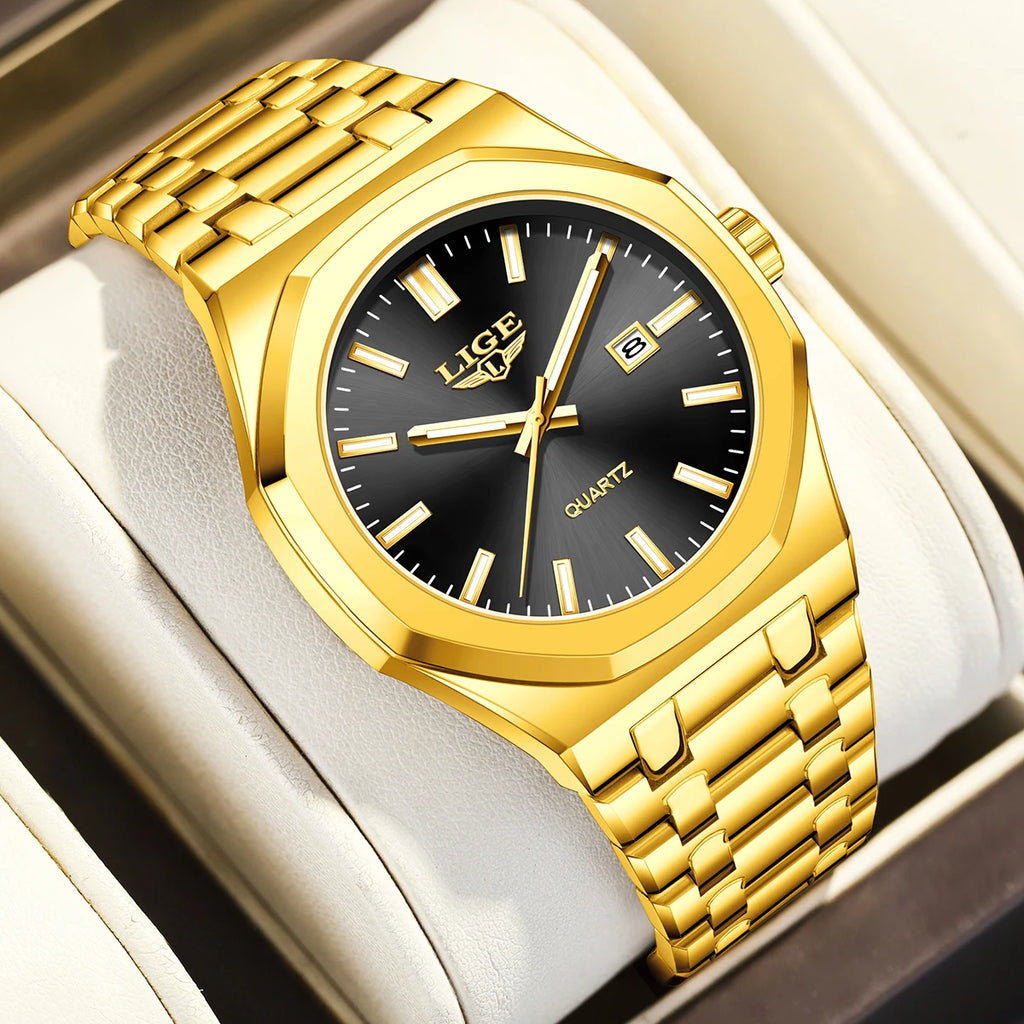 LIGE LG89181 Watch Factory Wholesale Gold Luxury Stainless Steel Sport Luminous Calendar Wrist Watch for Men Gift Box Relogio