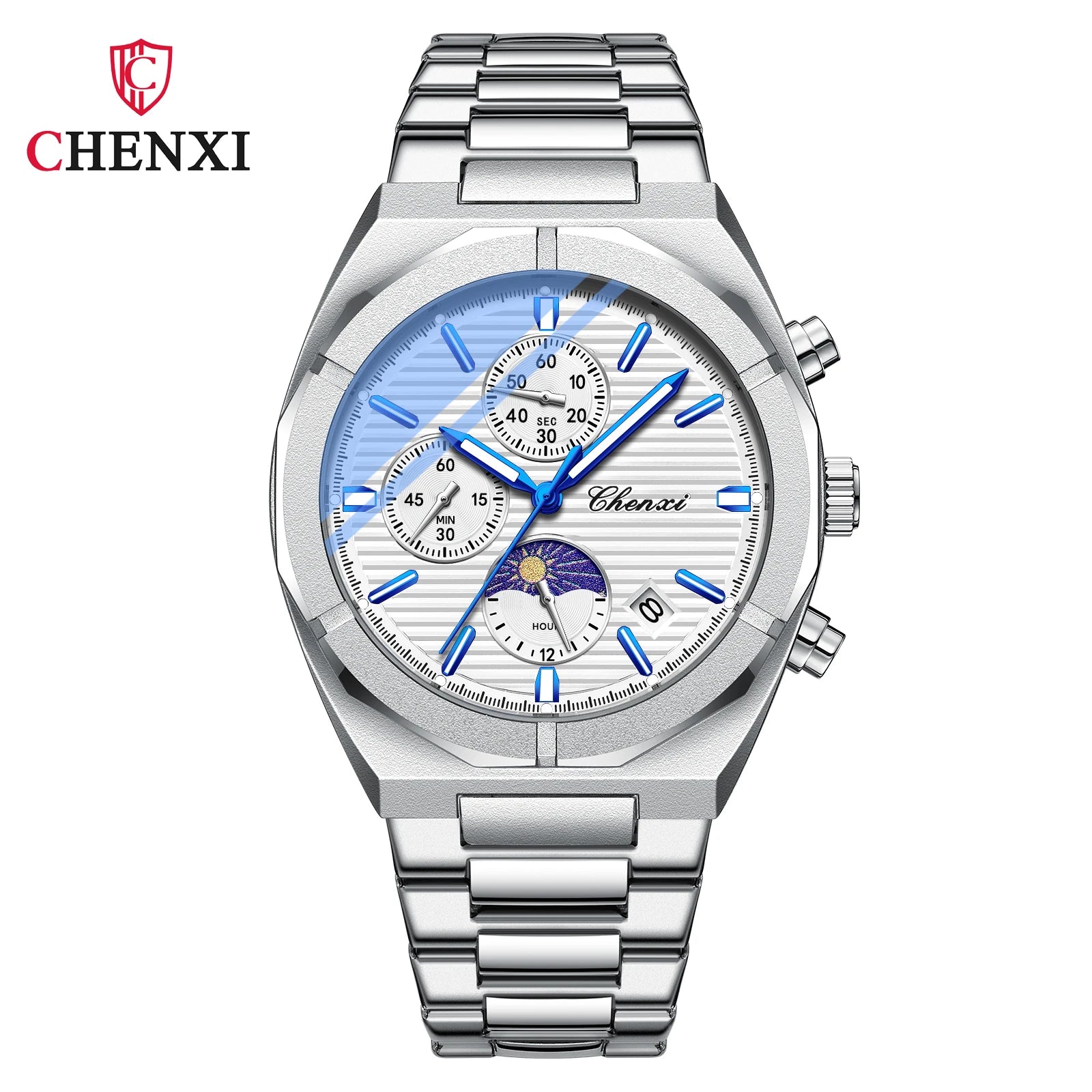 2023 New CHENXI 962 Morninglight Multifunctional Men's Watches Moon Phase Date Timing Waterproof Steel Band Quartz Watch Mens