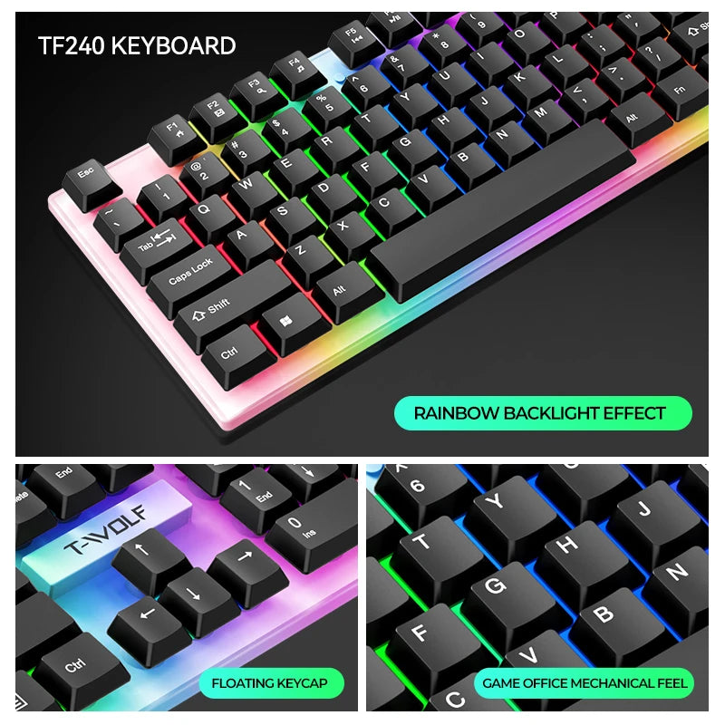 T-WOLF 4IN1 TF240 Rgb Backlight Keyboard Arabic Backlit Wired Gaming Mouse Combo Gamer Earphone Mouse Pad for Pc Gaming Office