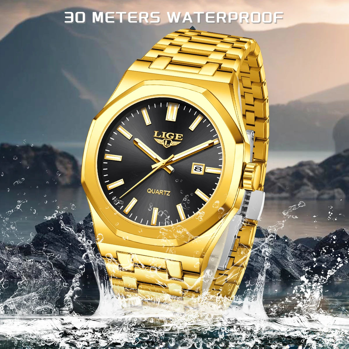 LIGE LG89181 Watch Factory Wholesale Gold Luxury Stainless Steel Sport Luminous Calendar Wrist Watch for Men Gift Box Relogio