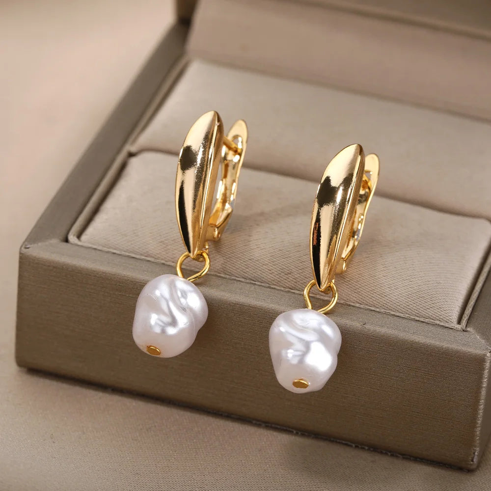 Circle Earrings For Women Vintage Punk Round Baroque Pearl Earrings Stainless Steel Circle Ear Clip Women Jewelry Gift Mujer