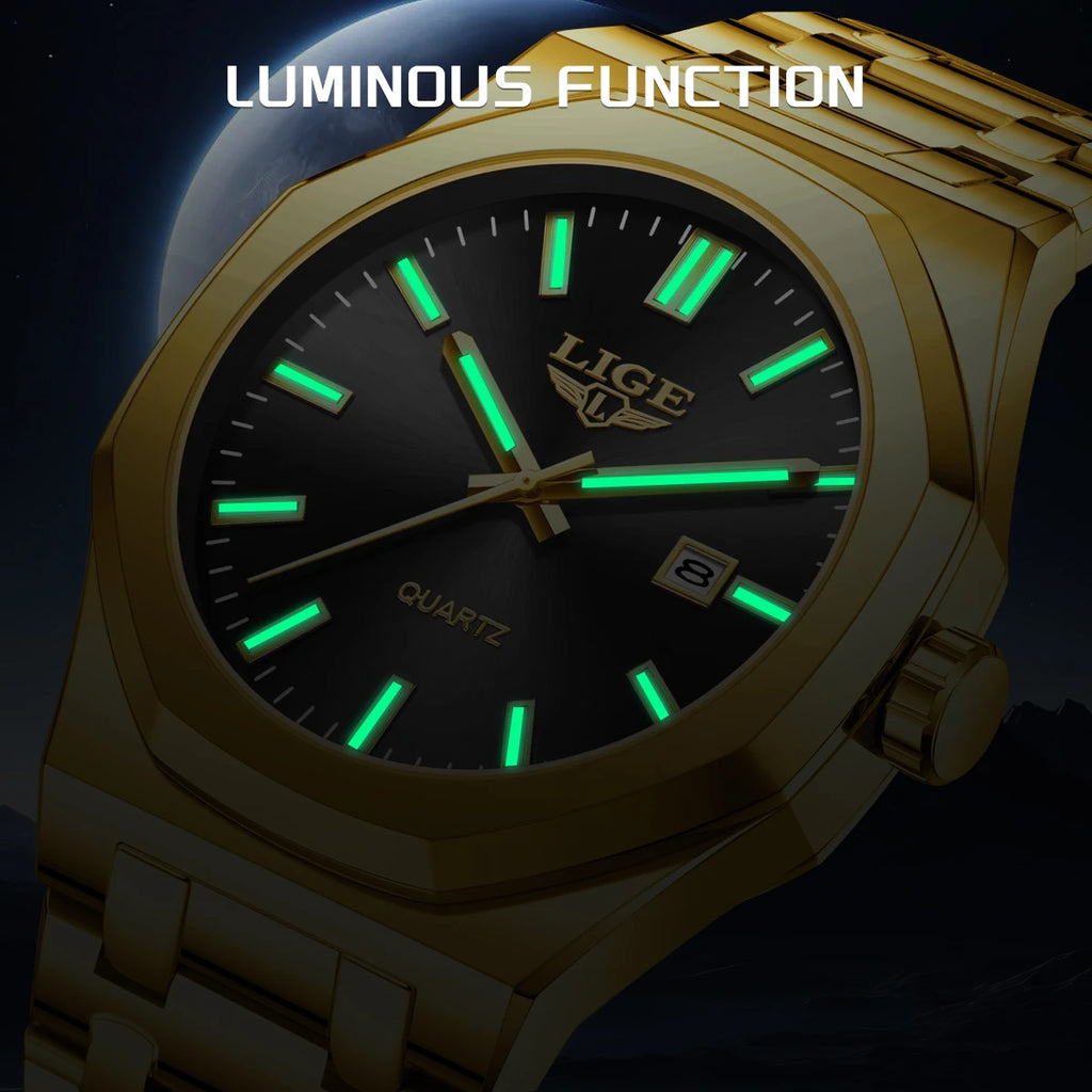 LIGE LG89181 Watch Factory Wholesale Gold Luxury Stainless Steel Sport Luminous Calendar Wrist Watch for Men Gift Box Relogio
