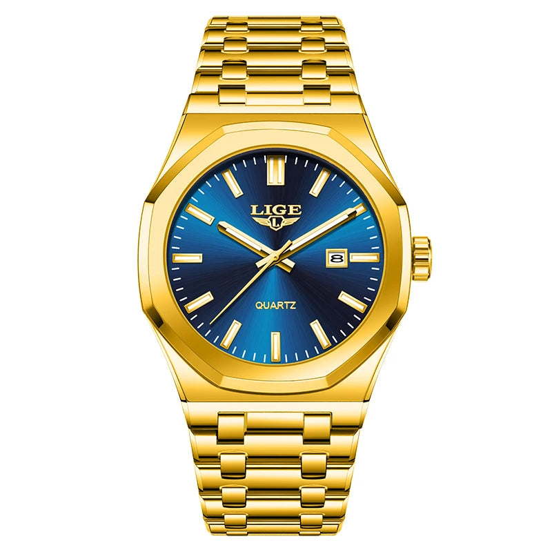 LIGE LG89181 Watch Factory Wholesale Gold Luxury Stainless Steel Sport Luminous Calendar Wrist Watch for Men Gift Box Relogio