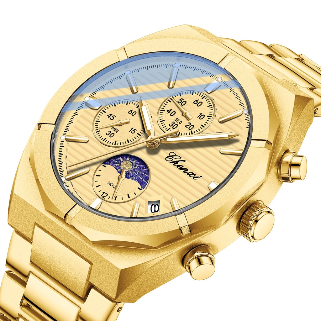 2023 New CHENXI 962 Morninglight Multifunctional Men's Watches Moon Phase Date Timing Waterproof Steel Band Quartz Watch Mens