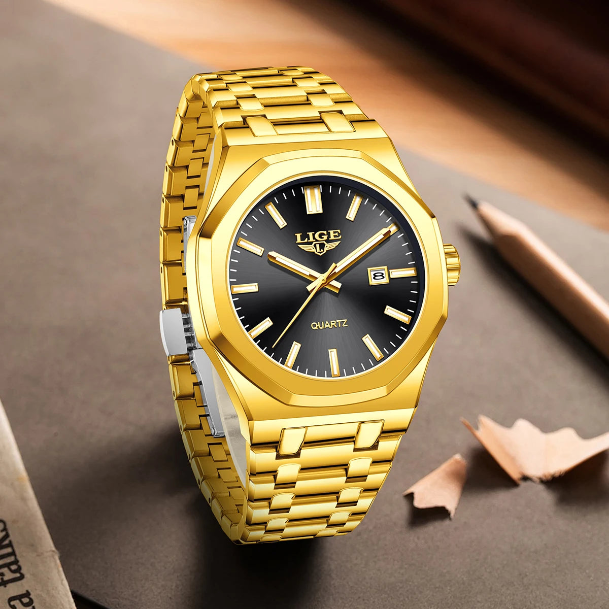 LIGE LG89181 Watch Factory Wholesale Gold Luxury Stainless Steel Sport Luminous Calendar Wrist Watch for Men Gift Box Relogio