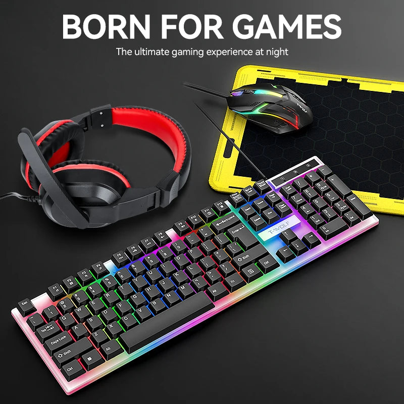 T-WOLF 4IN1 TF240 Rgb Backlight Keyboard Arabic Backlit Wired Gaming Mouse Combo Gamer Earphone Mouse Pad for Pc Gaming Office