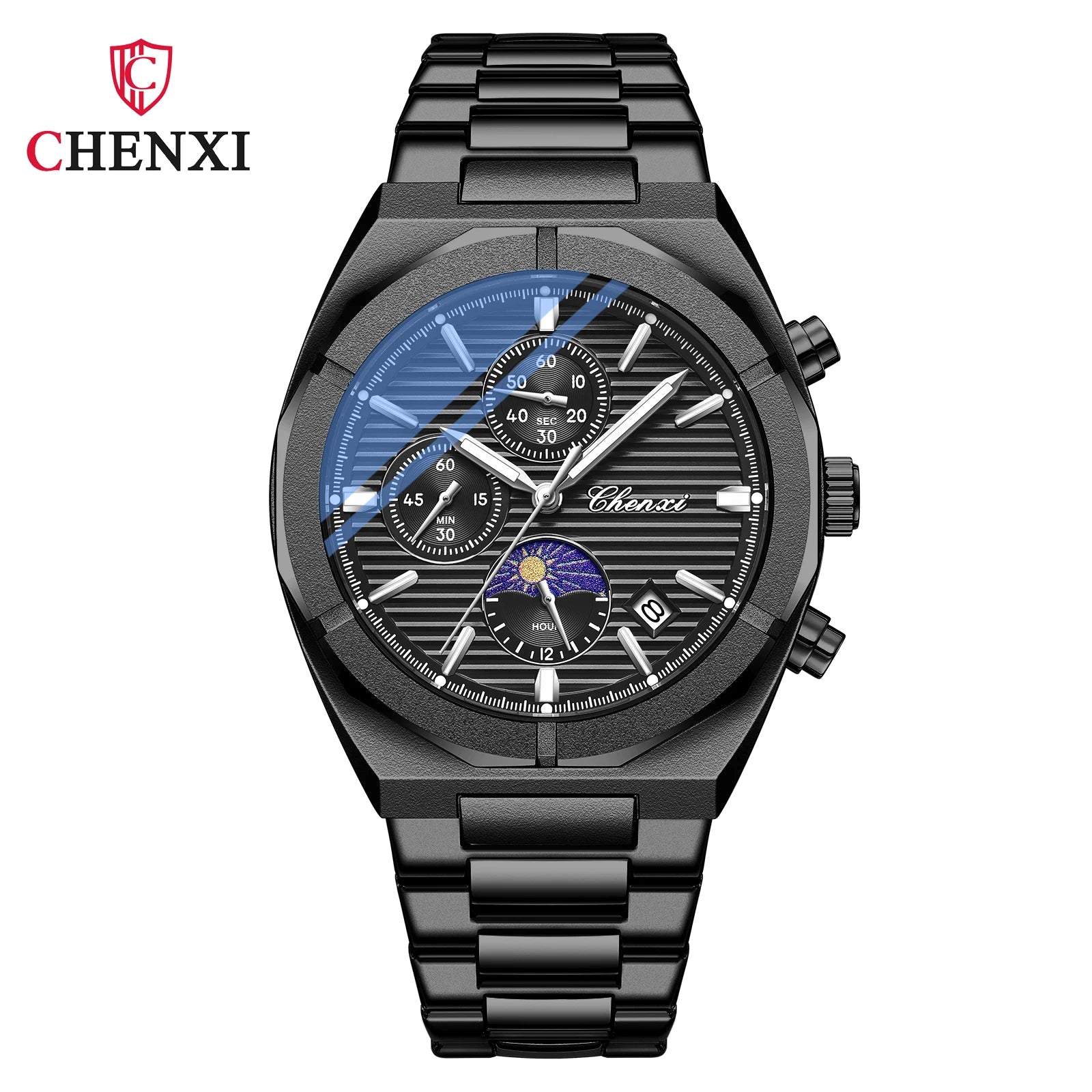 2023 New CHENXI 962 Morninglight Multifunctional Men's Watches Moon Phase Date Timing Waterproof Steel Band Quartz Watch Mens