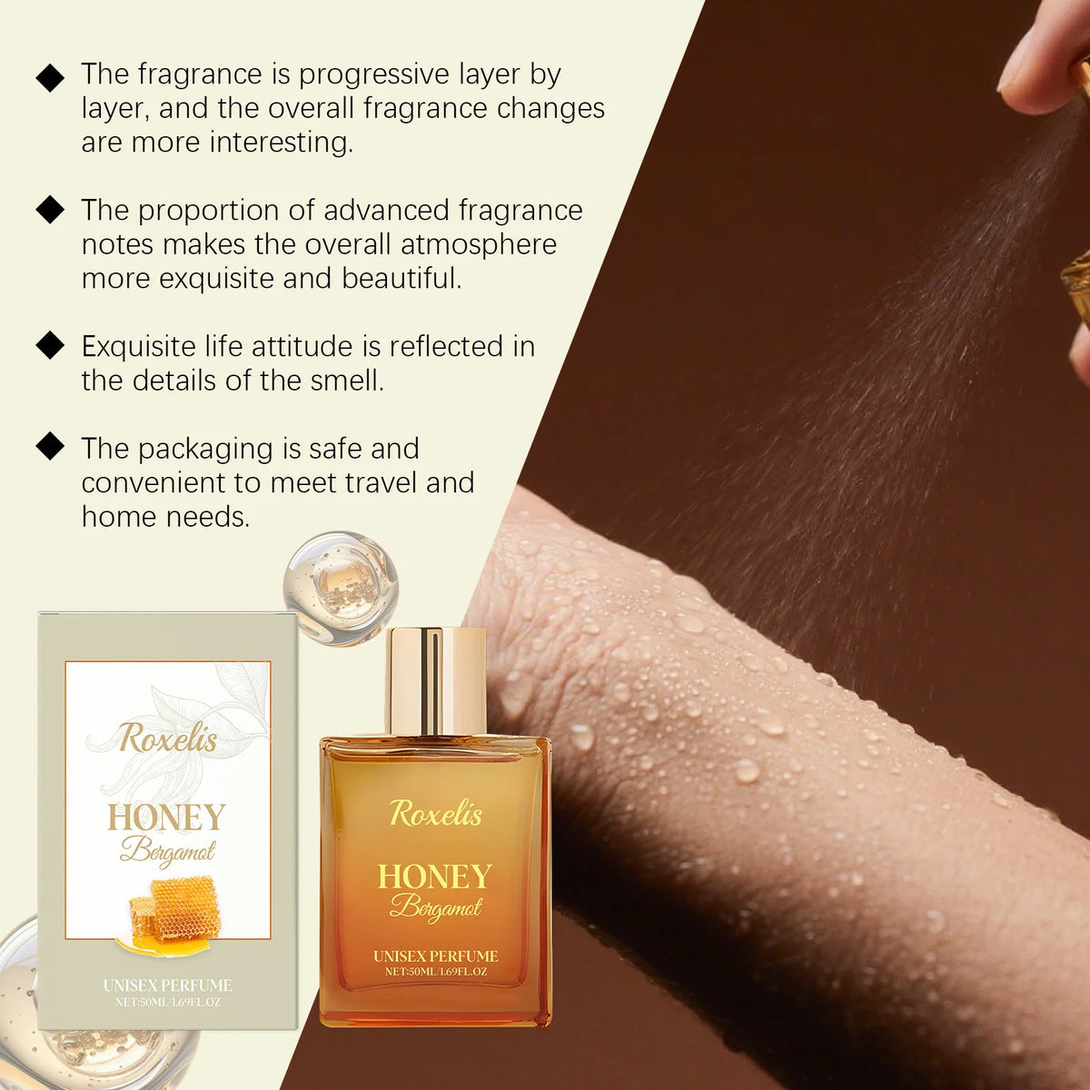 Roxelis Honey Bergamot Unisex Perfume-Gentle Natural Fresh Fragrance for Women Everyday Portable and Long-Lasting 50ml
