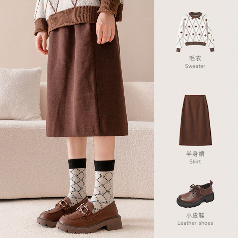 Grassman Socks Women's Pure Cotton Autumn and Winter fleece-lined Thickened Mid-tube Socks Light Luxury Fashion All-match Winter Warm Towel Socks