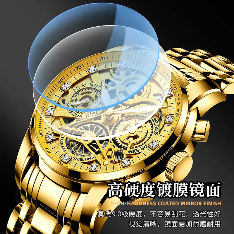 Ruizhiyuan best-selling gold watch - men's luxury waterproof watch, large gold-plated watch
