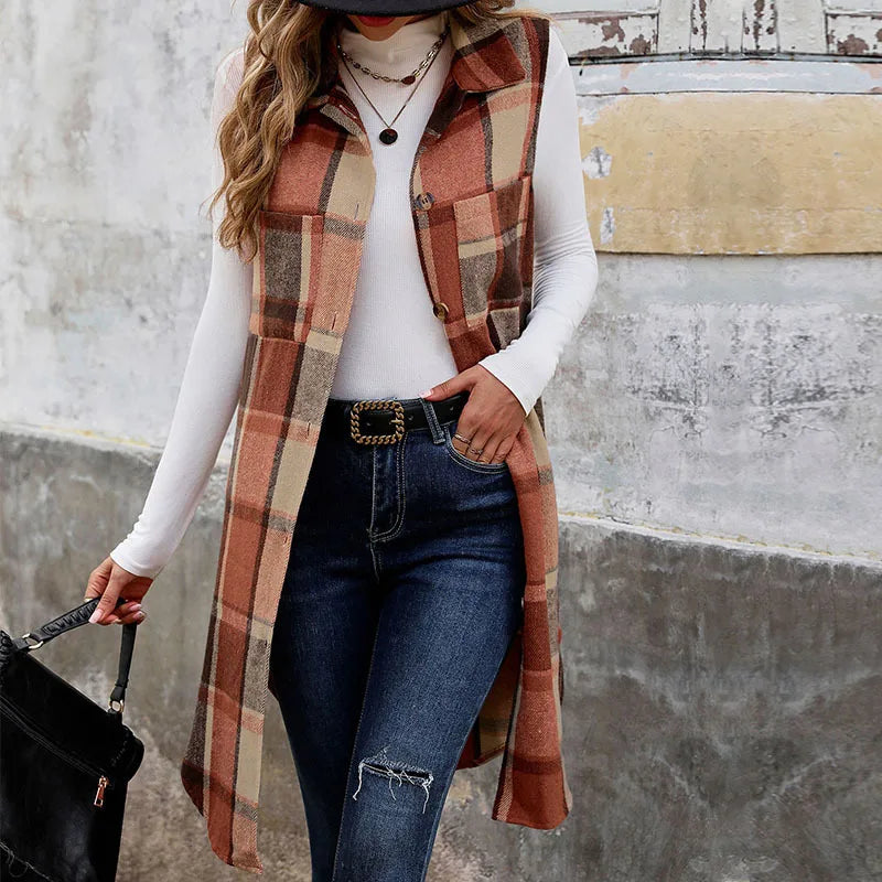 Autumn Winter Plaid Svel Stand Collar Open Cardigan Vest Vintage Long Women's Jaet Mid-Length Striped Floing