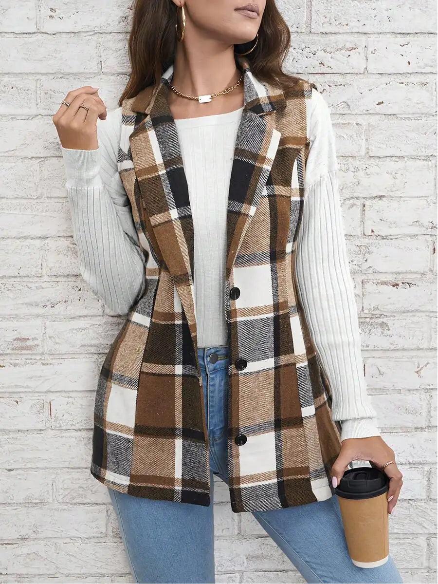 Women's Plaid Lapel Vest Jacket, Casual Longline Blazer with Button Closure