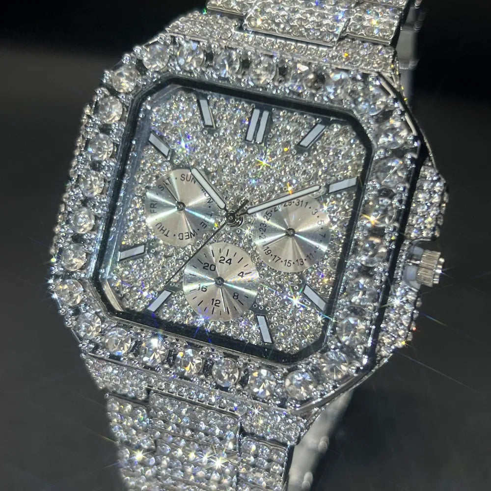 MISSFOX Luxury Diamond Quartz Watch for Men Square Dial Calendar Hip Hop lced Out GoldWristwatch Mens Fashion Accessory 2025