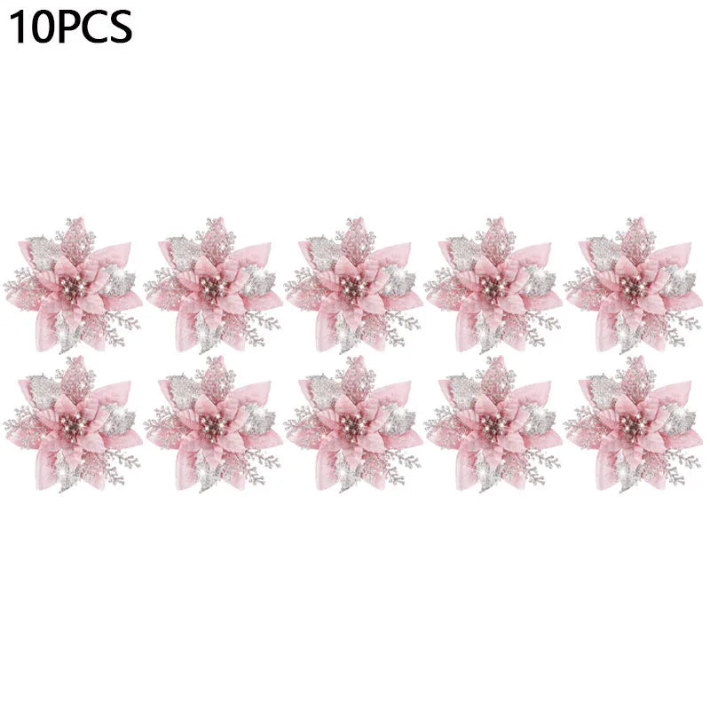Glitter Artifical Christmas Flowers Mreey Christmas Tree Decoration Happy New Year Ornaments Xmas Fake Flowers Natal