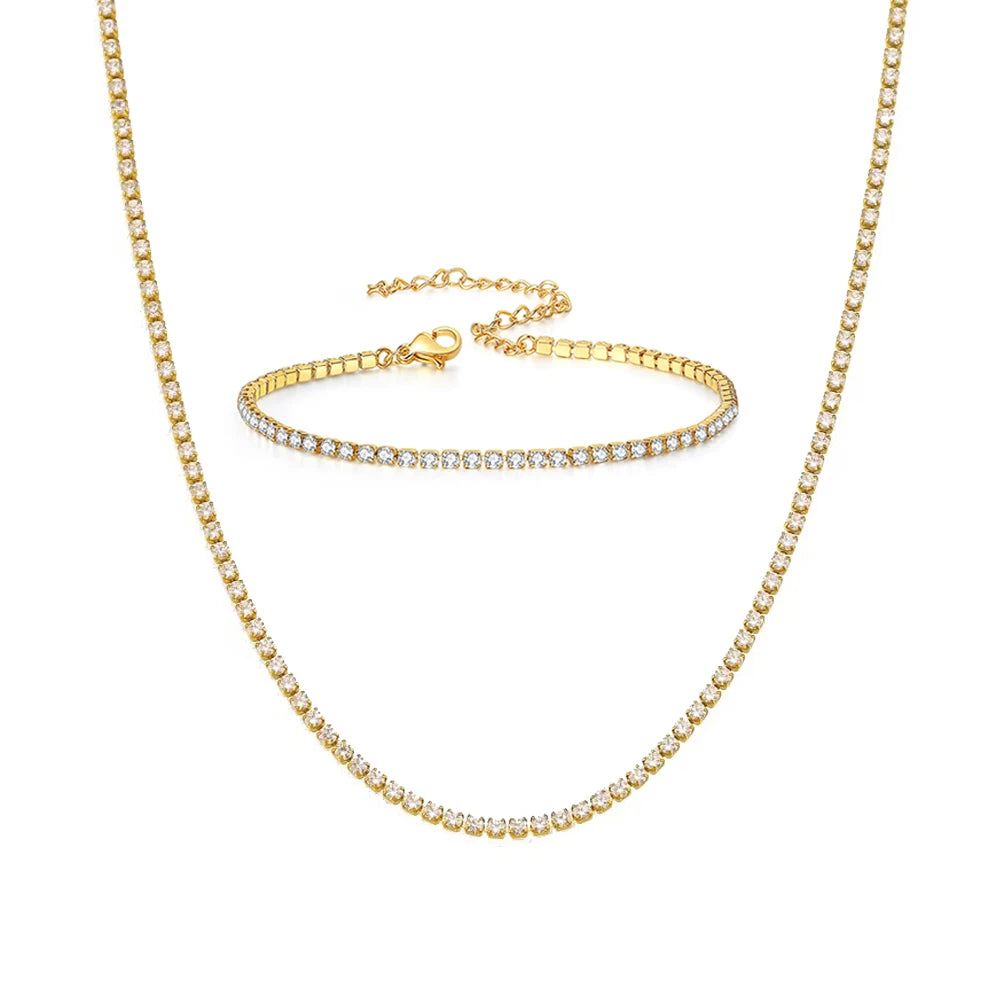 Trendy Iced Out Tennis Chain Set Gold Silver Color Stainless Steel Choker Necklace Bracelet for Women Party Jewelry Sets 2025