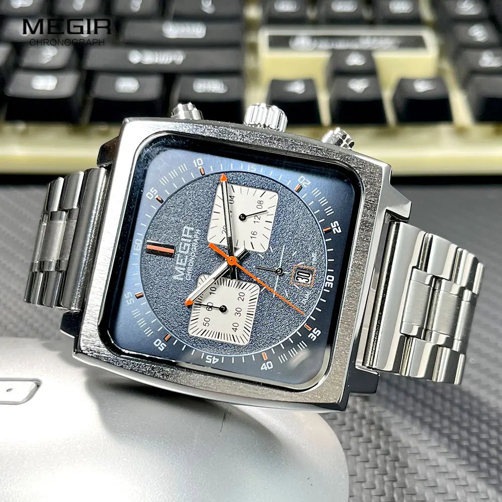 MEGIR Sport Quartz Watch Men Silver Blue Chronograph Dress Wristwatch with Stainless Steel Band Auto Date Luminous Hands 24-hour