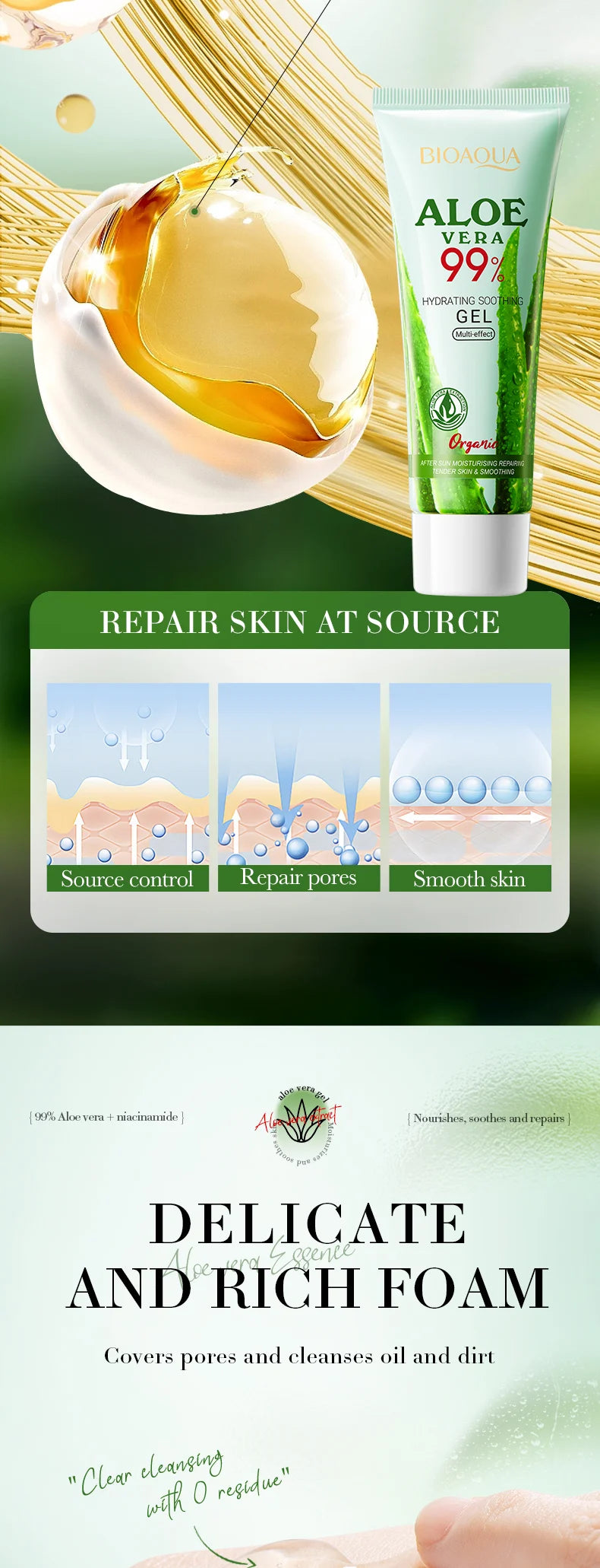BIOAOUA Hydrating Soothing Natural Aloe Vera Gel Repairing Sunburn Moisturizing Skin Repairing Skin Care Facial Care