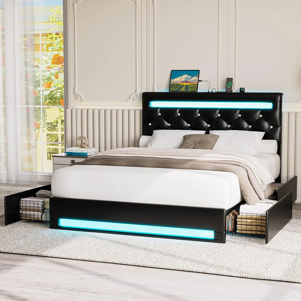 Full Size Bed Frame with LED Light, PU Leather Platform Bed Frame with 4 Drawers, Adjustable Crystal Button Tufted Headboard, No