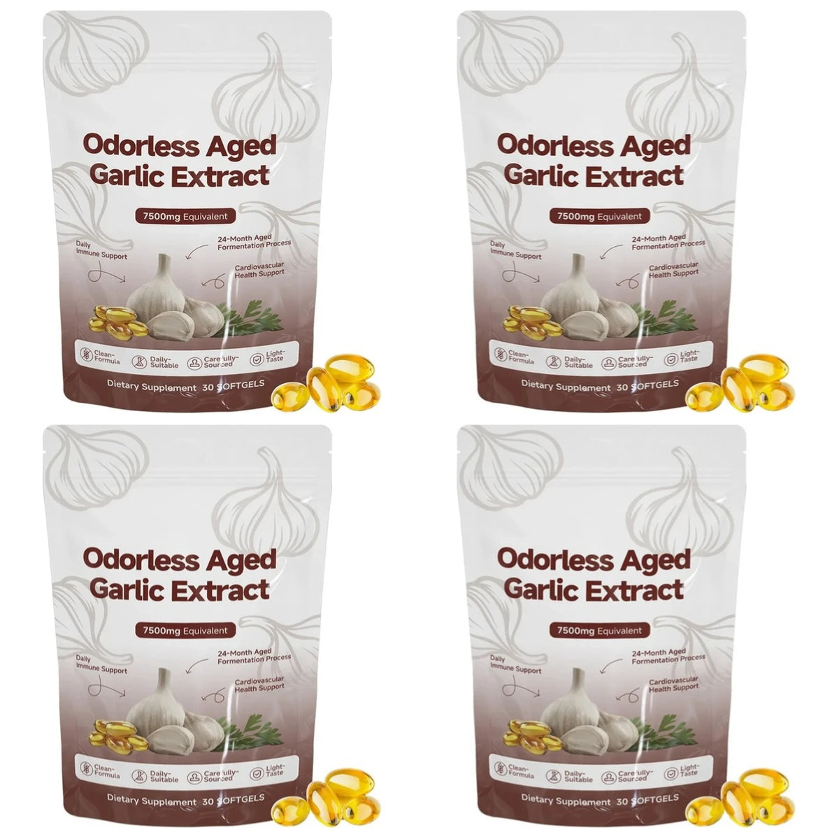 Odorless Aged Garlic Extract Softgels 7500mg Equivalent 24-Month Fermented For Immune Cardio Metabolic Support Adult 30 Count