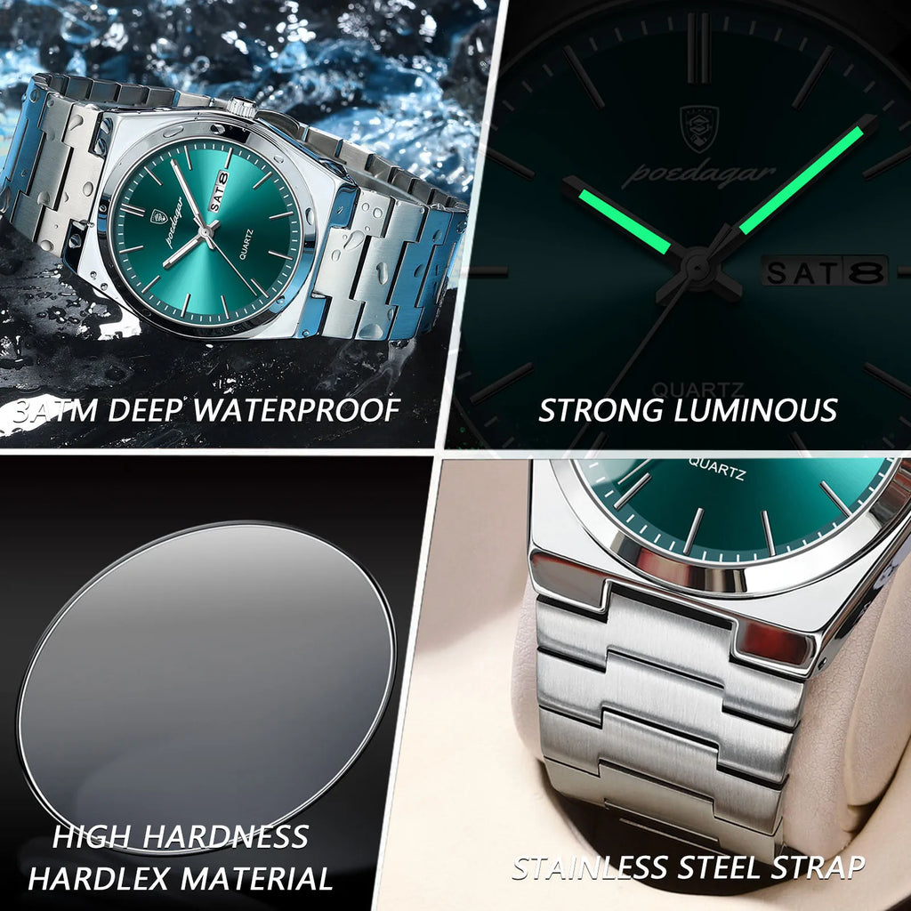 POEDAGAR Luxury Men's Watches Waterproof Luminous Date Week Men Watch Stainless Steel Casual Fashion Quartz Man Wristwatch Reloj