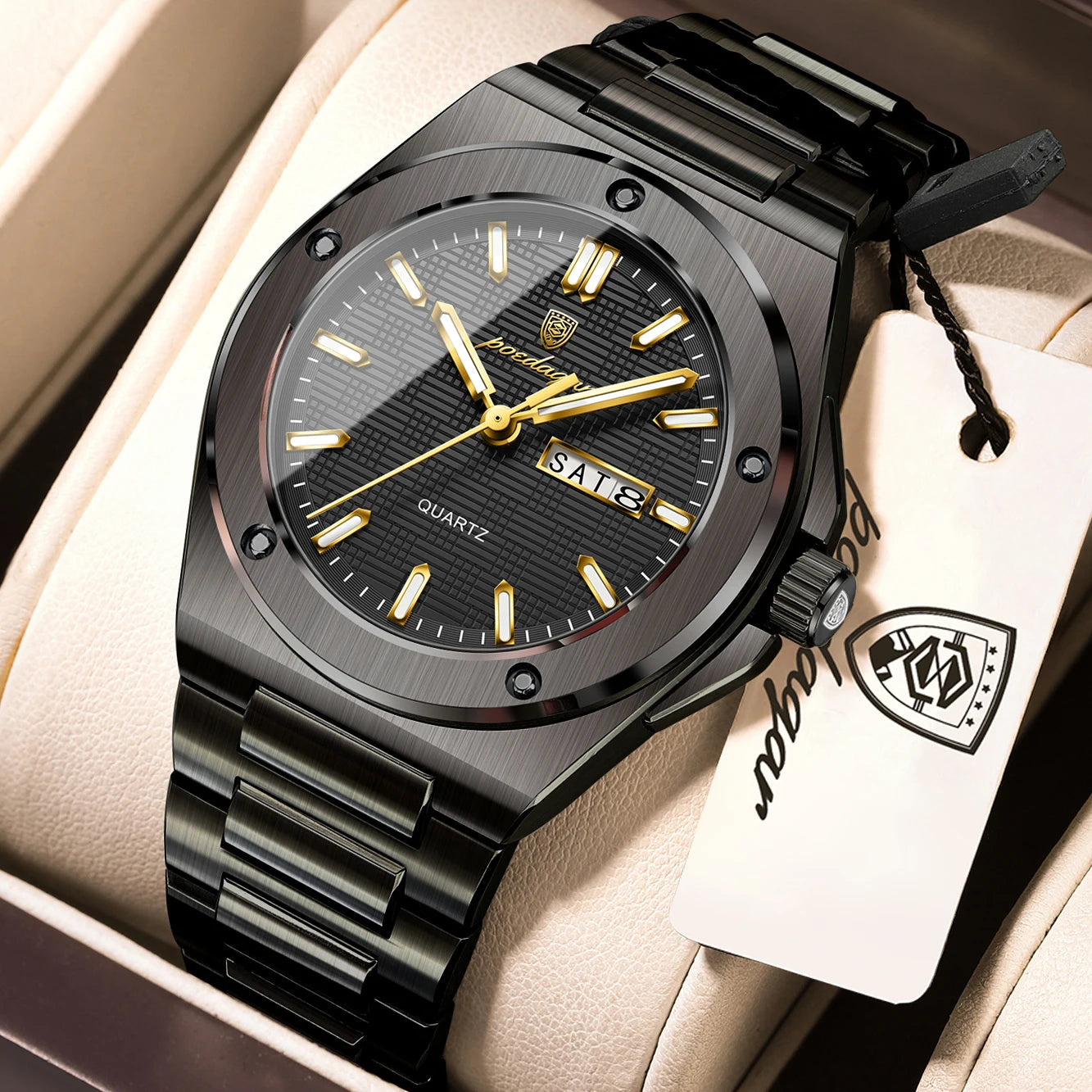 POEDAGAR Business Quartz Men's Clock Date Week Waterproof Luminous Sport Male Watch Stainless Steel Casual Watches For Man Reloj